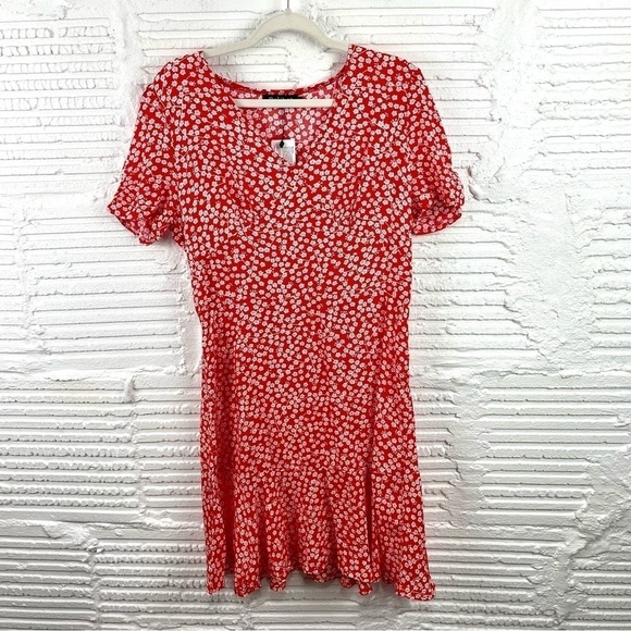 Relipop NWT Red Ditsy Floral Dress Flowy Vintage Inspired Flounce Hem V-Neck L - Picture 1 of 16